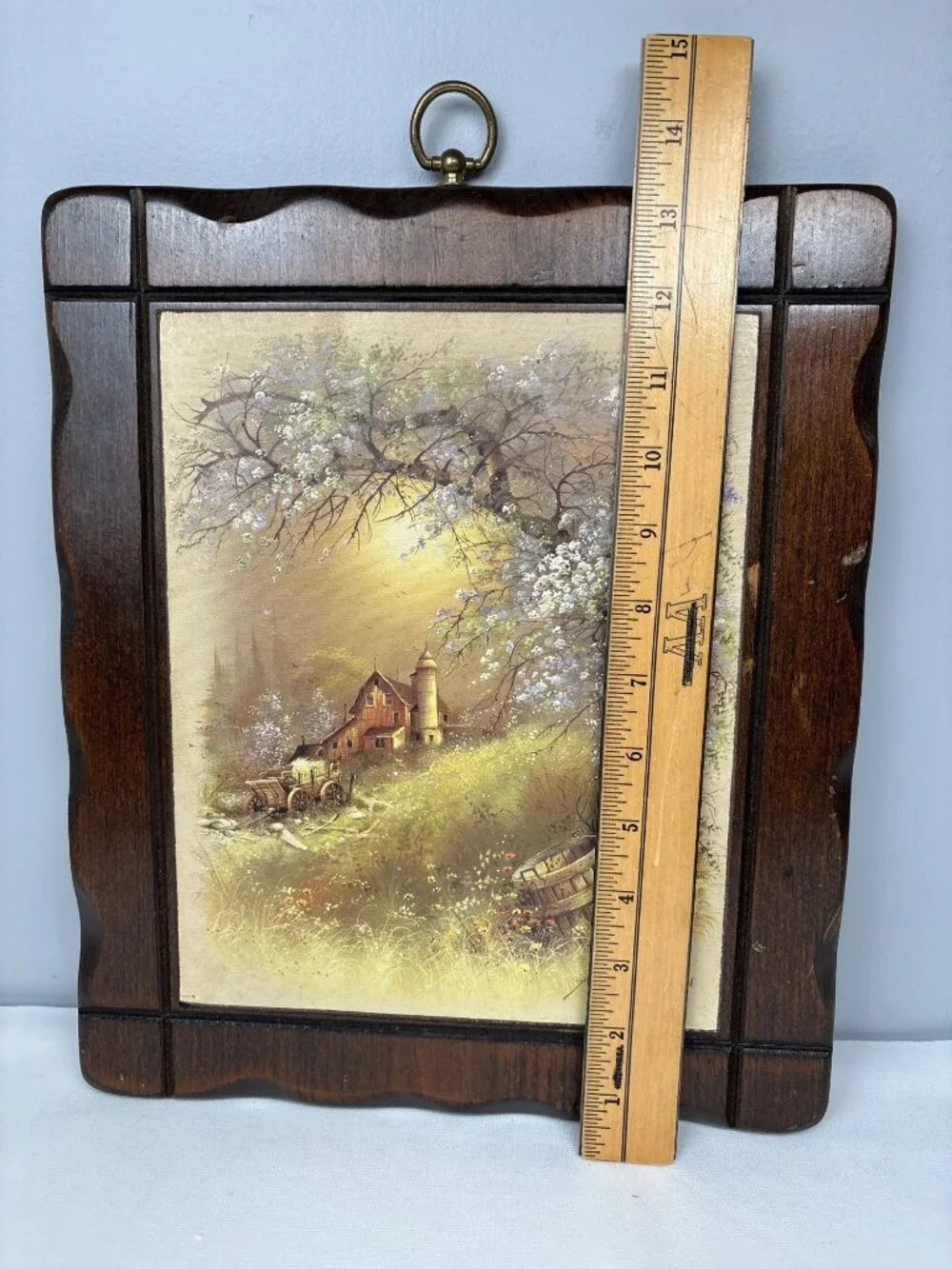 Rustic Wooden Wall Art Scenic Farmhouse Painting Gold-Tone 14x11